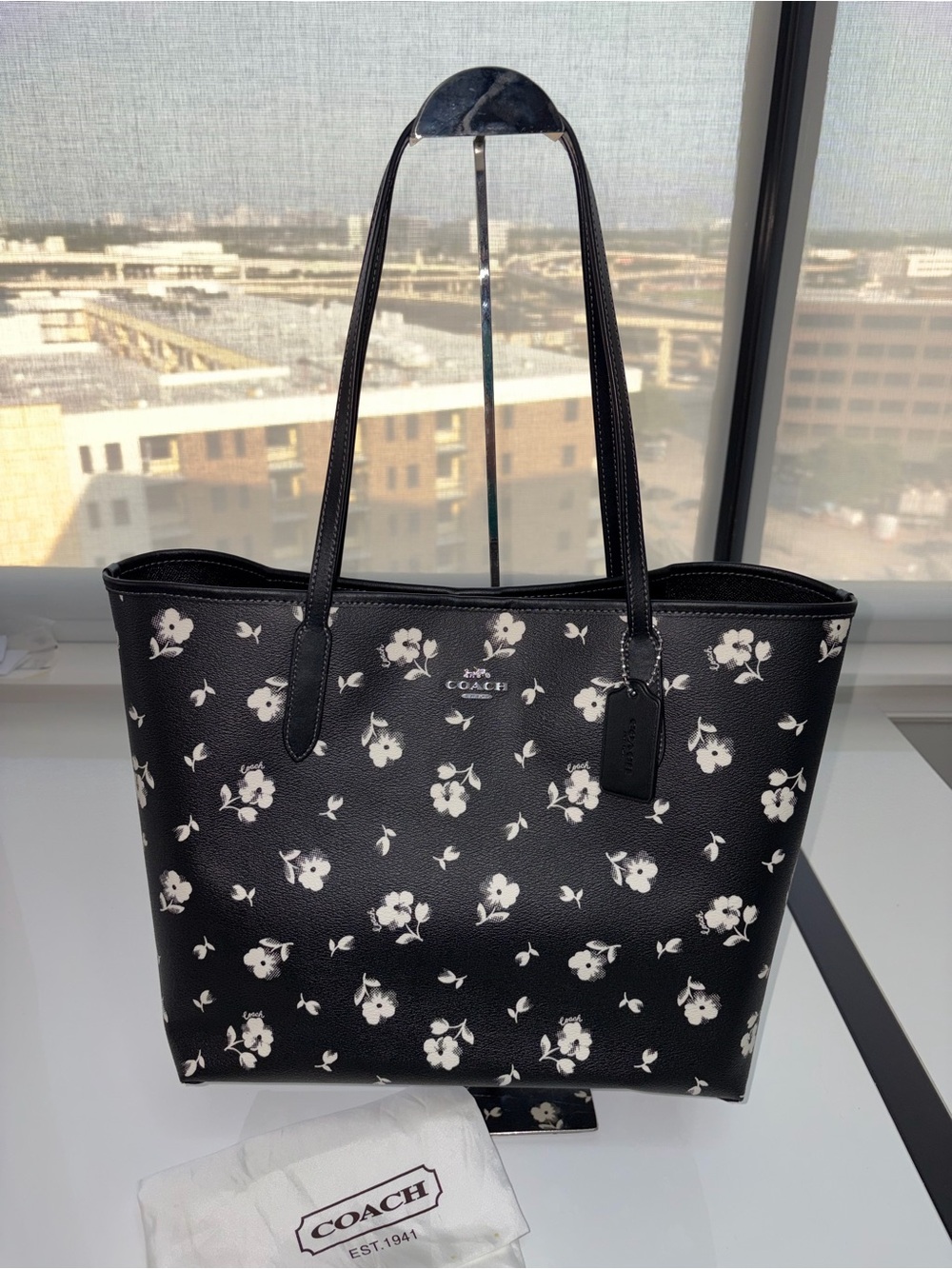 Coach Black Leather Tote with White Floral Print